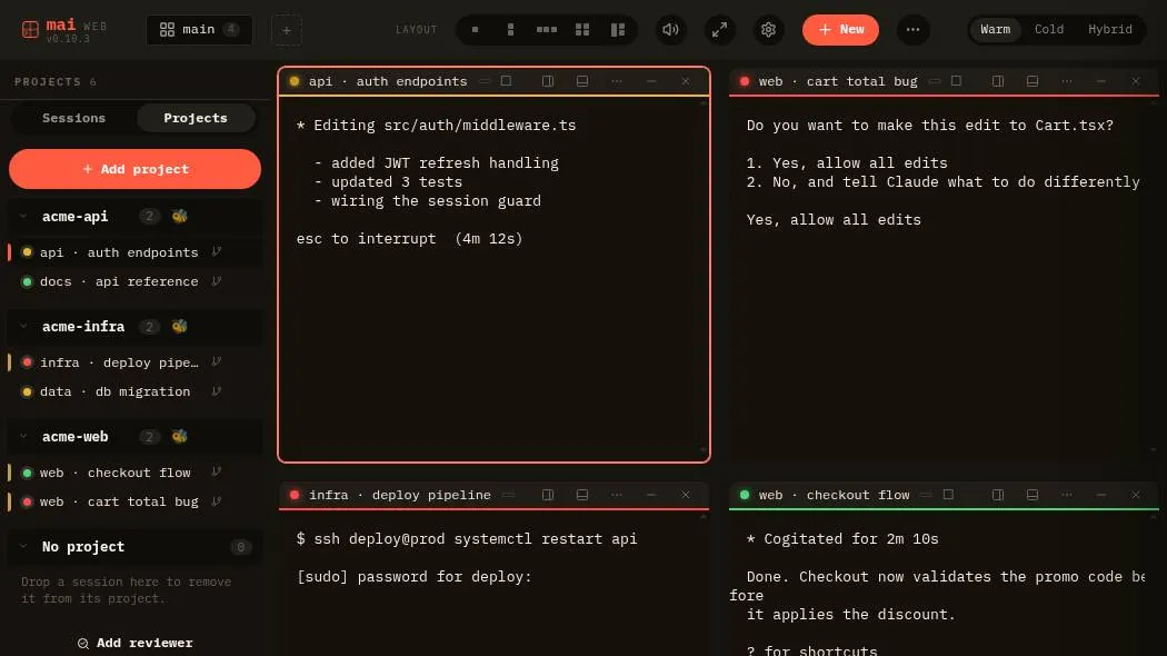 The mai workspace: several agent sessions side by side in one window